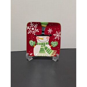 Pier 1 Imports Snowman Hand Painted Dolomite Holiday Winter Snow Square Plate‎
